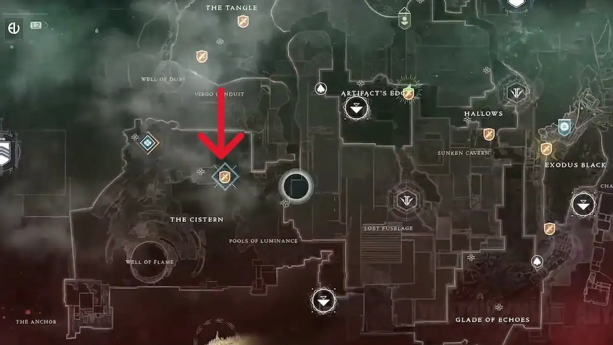 Map of Nessus with a red arrow pointing at the farming location