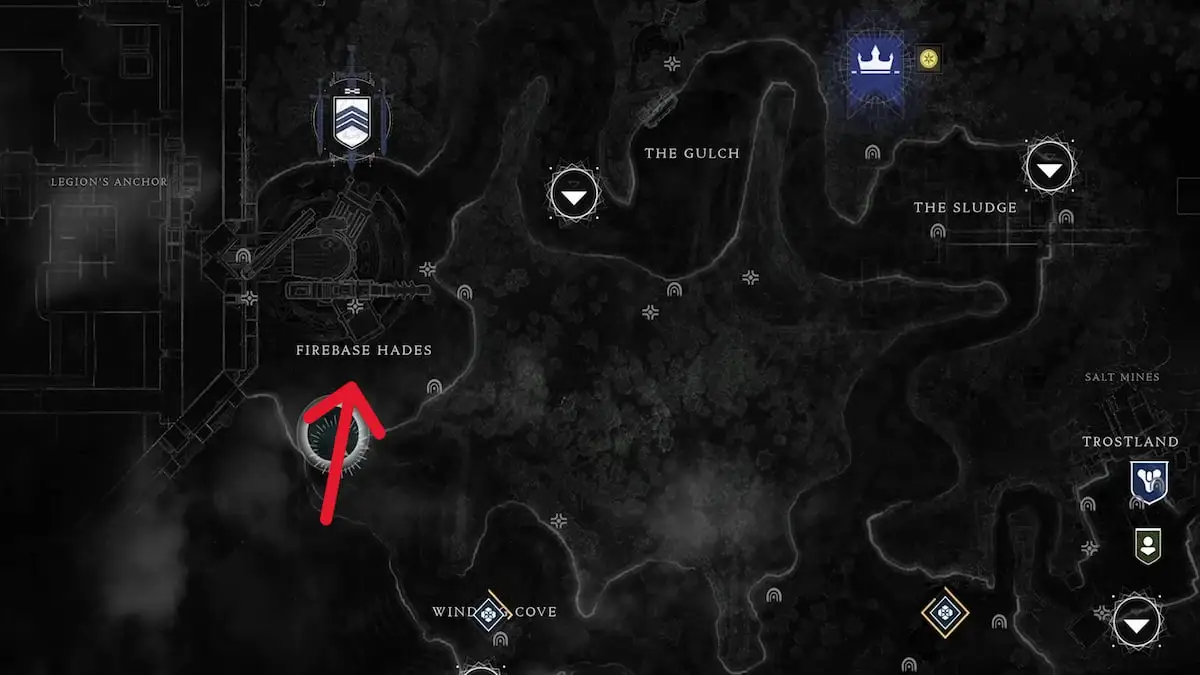 Map of EDZ with a red arrow pointing at the location of Cabals in Firebase Hades