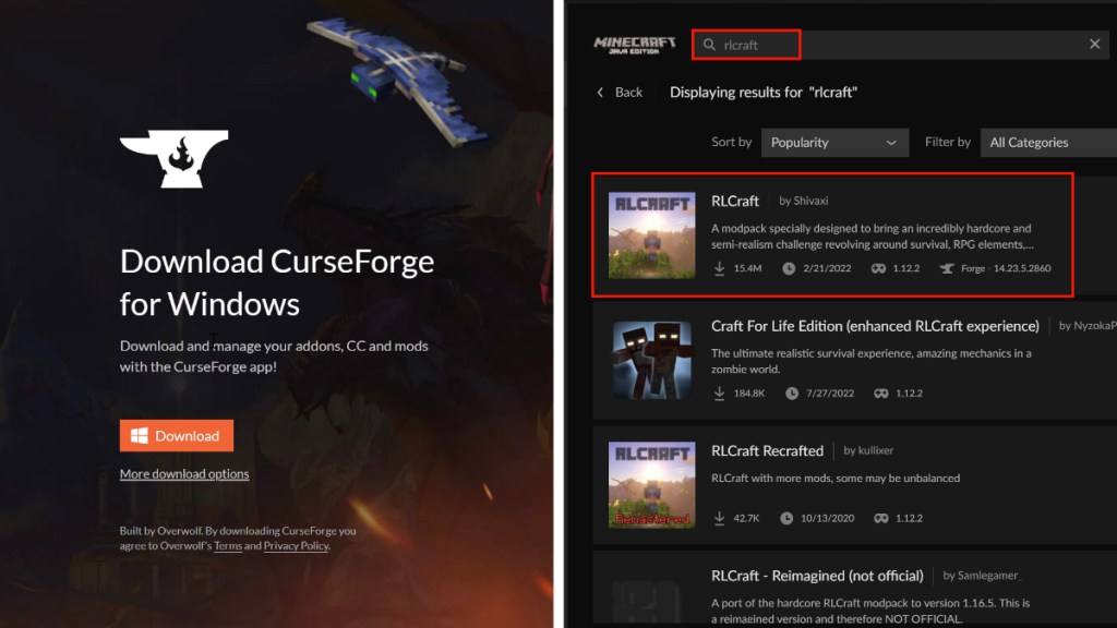 Installing CurseForge and RLCraft for Minecraft on PC