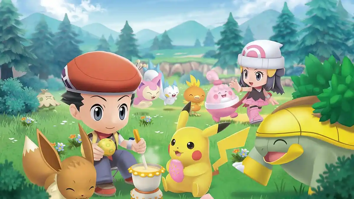 The player characters of Pokemon Brilliant Diamond and Shining Pearl are sat in a meadow like area cooking poffins for various pokemon.