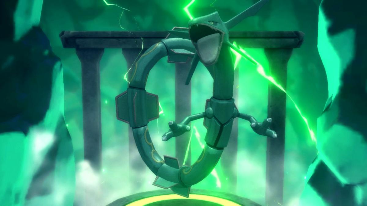 Screenshot of Rayquaza from Pokemon Brilliant Diamond, Shining Pearl