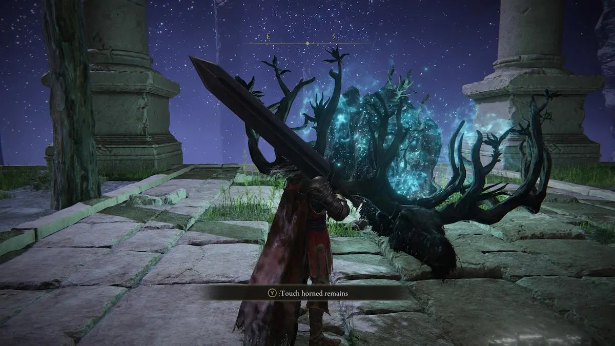 Screenshot of the Tarnished in front of skeletal deer remains