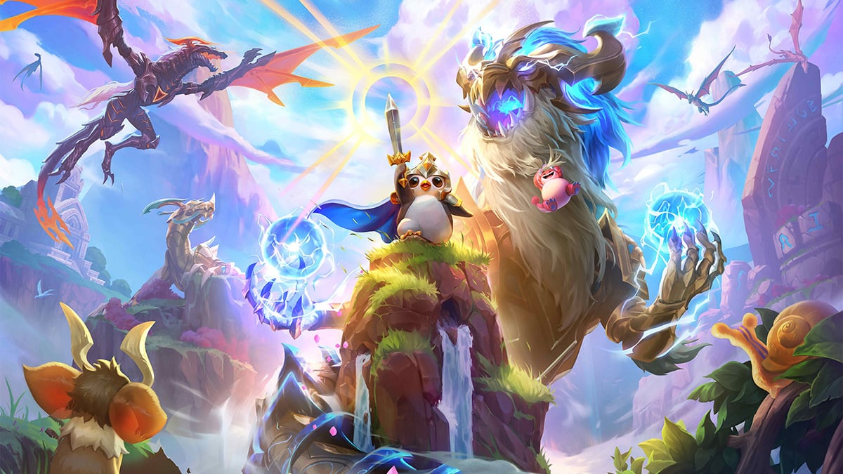 Teamfight Tactics: Dragonlands splash image featuring triumphant Pengu surrounded by Dragons