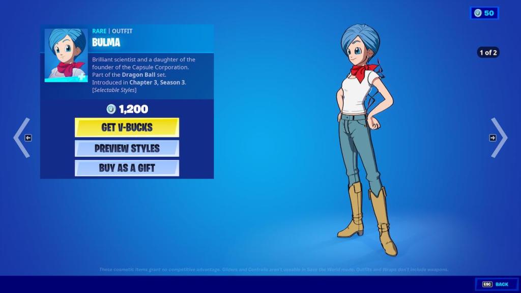 Bulma in the item shop for 1,200 V Bucks