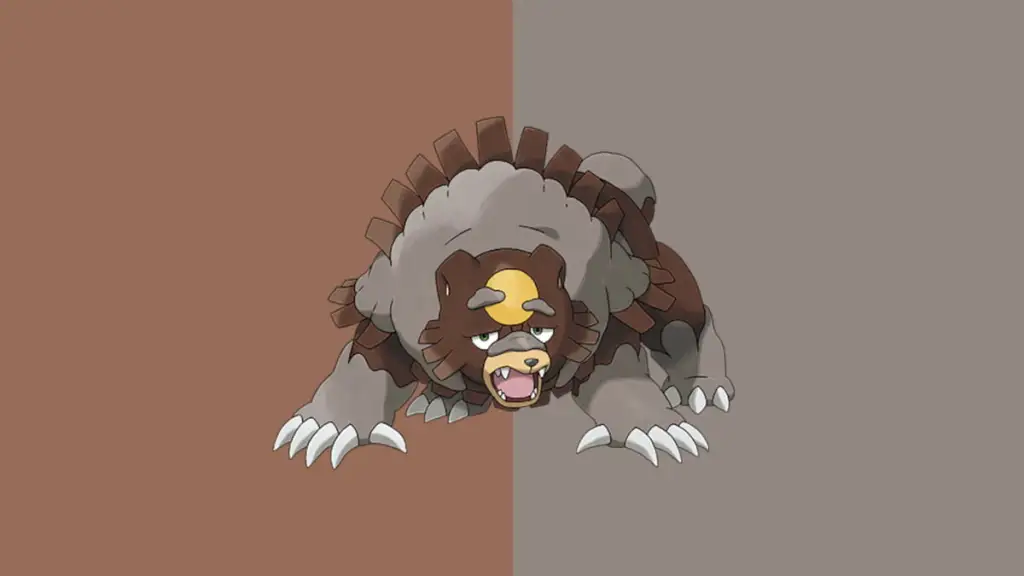 Official Pokemon concept art of Ursaluna against a grey and brown backdrop.