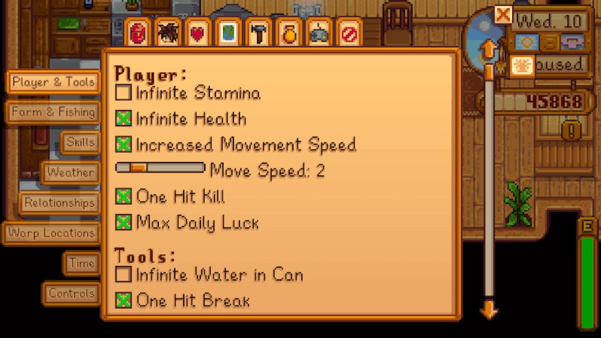 CJB Cheats Menu mod for Stardew Valley