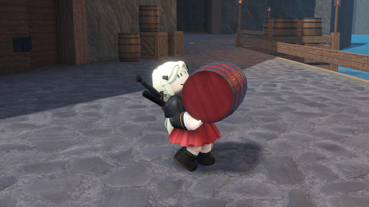 Holding a gunpowder barrel in Roblox Arcane Odyssey