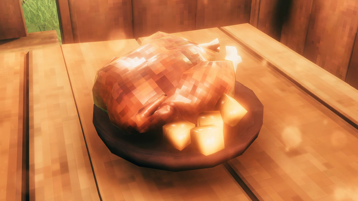 Honey glazed chicken on a table in Valheim