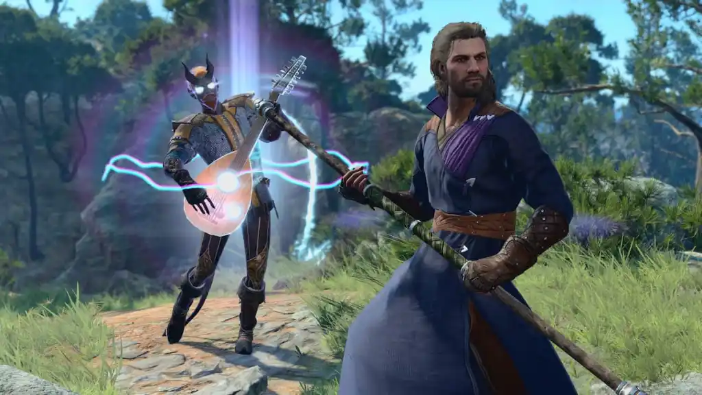 Gale holding a staff near a bard casting a spell in Baldur's Gate 3