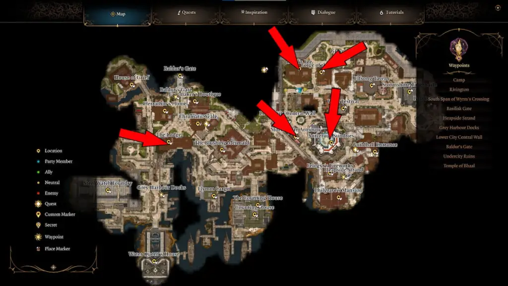 BG3 screenshot of the lower city map with a red arrow overlaid atop the armor vendor location