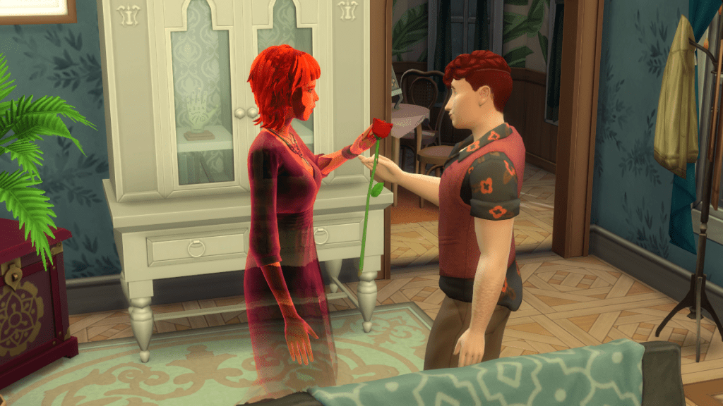 A translucent red woman accepts a rose from a red haired male sim in a vest.