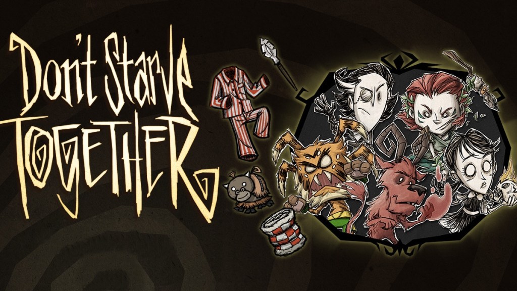 A dark and twisty text reveals several spooky illustrations of children and two non-human creatures. All of them seem ready to throw down. Text in image reads "Don't Starve Together."