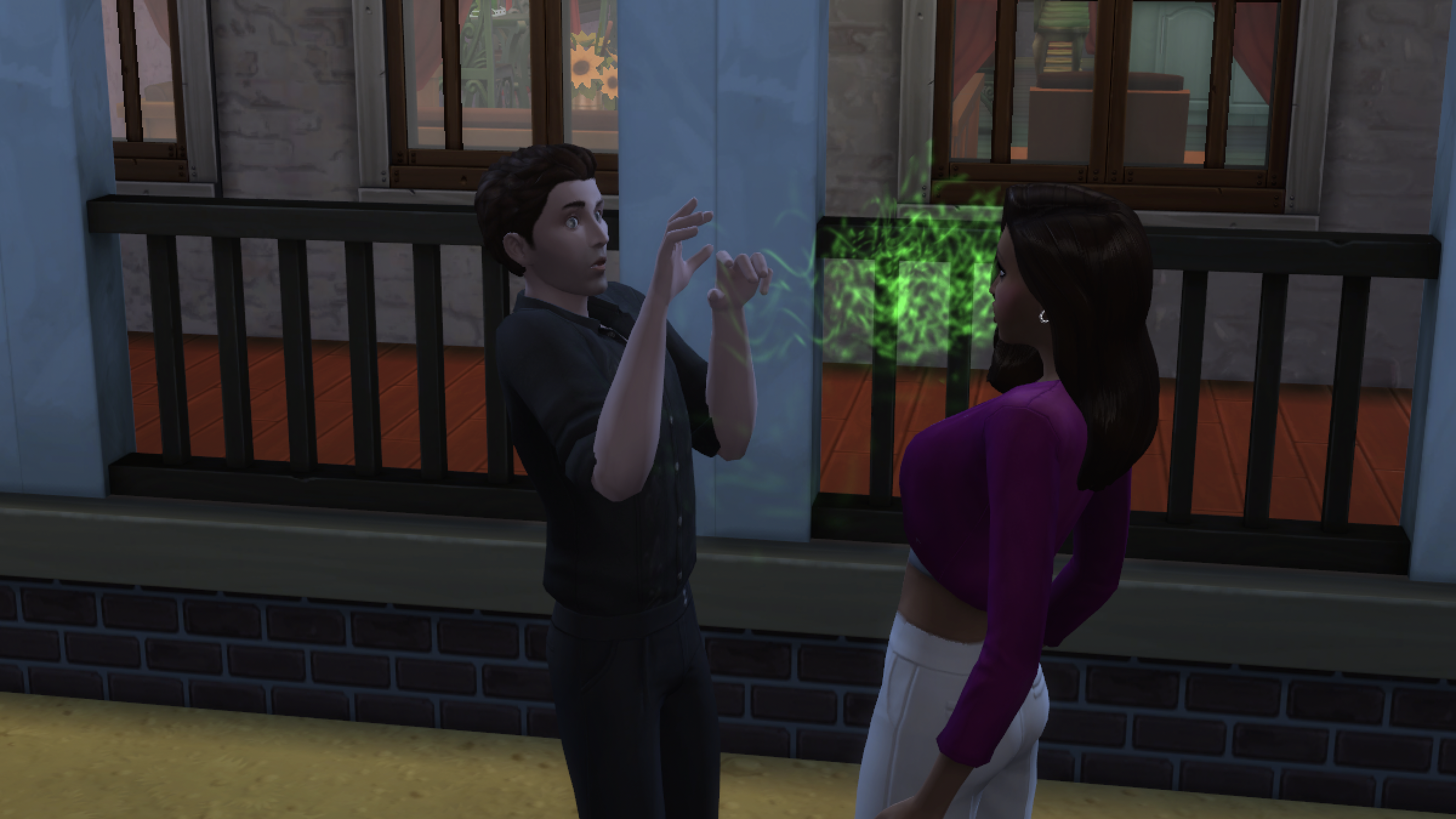 A dark haired vampire Sim uses his hypnotic powers on an unsuspecting dark haired sim in a purple jacket.