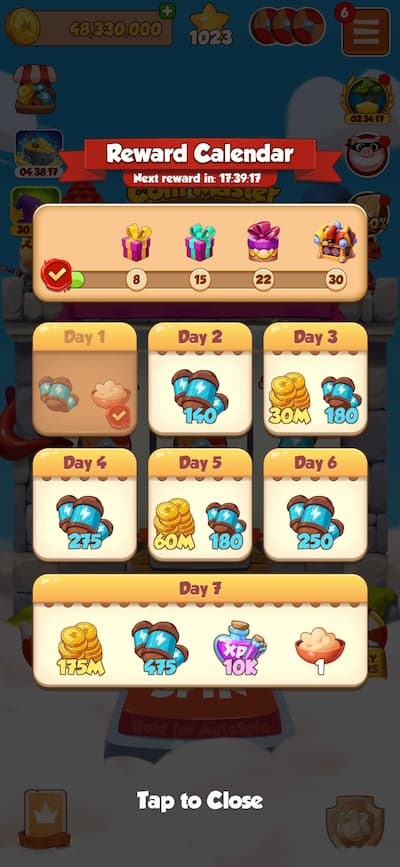 Coin Master Daily Reward Calendar Showing Spins & Coins As Rewards