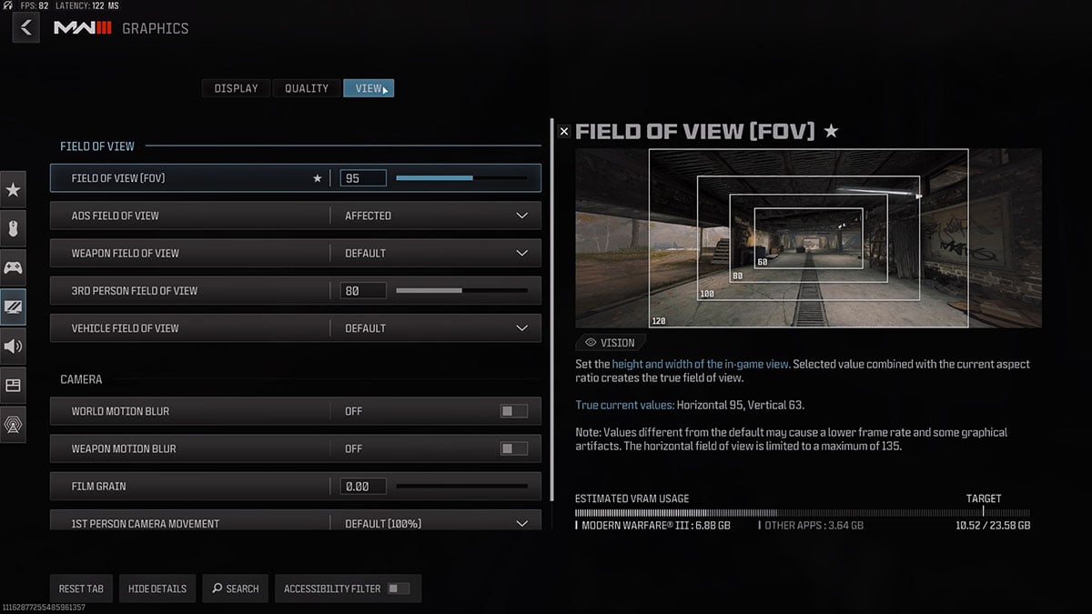 Call of Duty Modern Warfare 3 FOV setting Menu