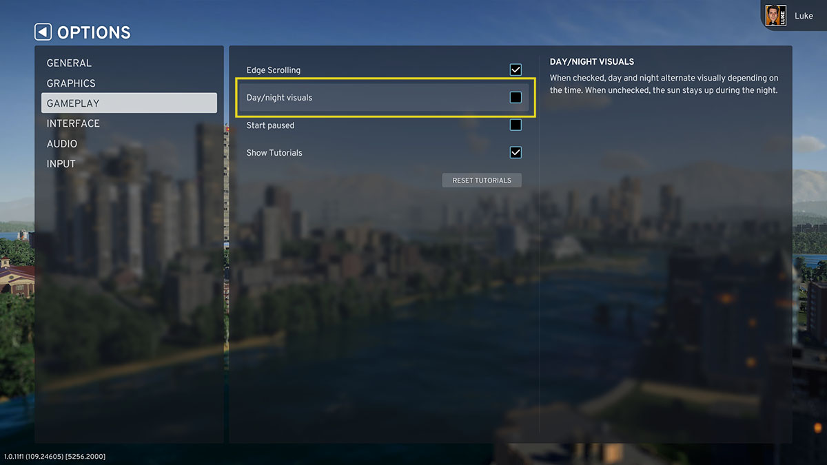 Cities Skylines 2 Gameplay Menu Day night visuals unchecked