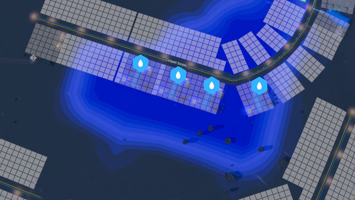 An overhead map view of a street layout with a large blue groundwater deposit shown.