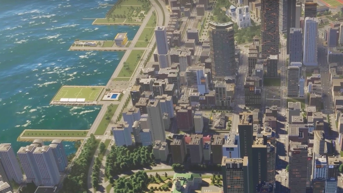 A daytime view of a bustling coastal city in Cities: Skylines 2