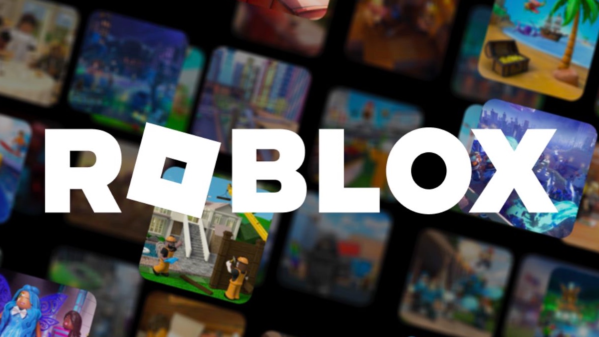 Text reading "Roblox" against a background of stills from their various games.