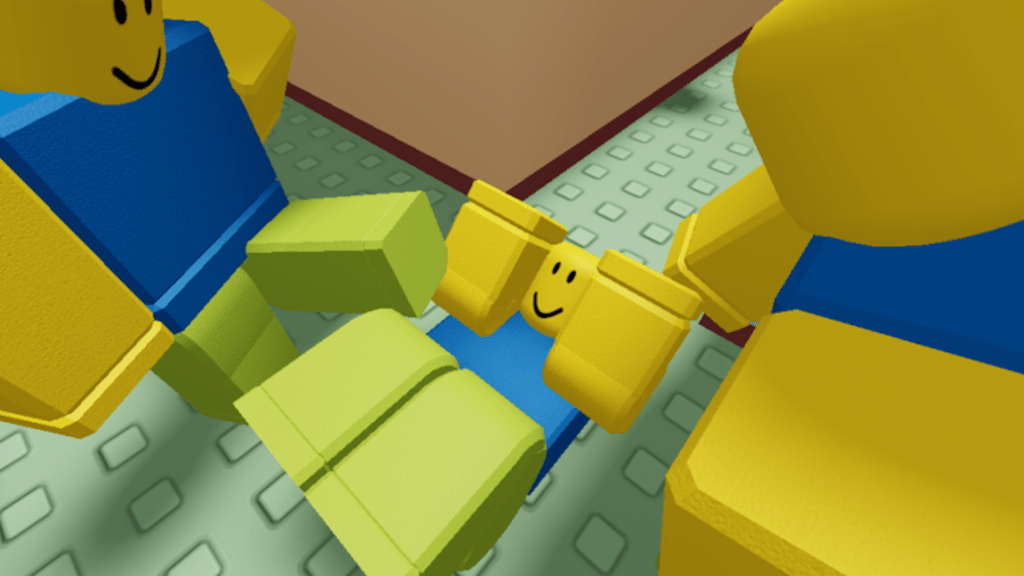 Two Roblox "noobs" kick a third noob while he's down. However, it's all in good fun.