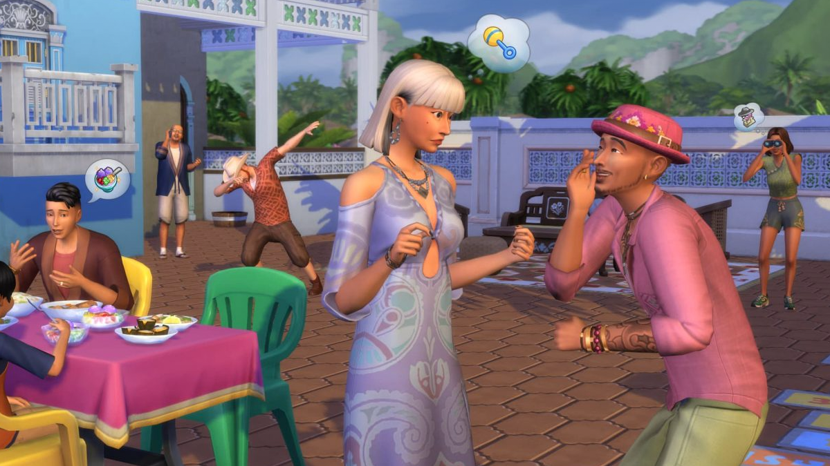 Two sims in the new neighborhood have a conversation, potentially about a new baby, while another Sim spies on them in the background.