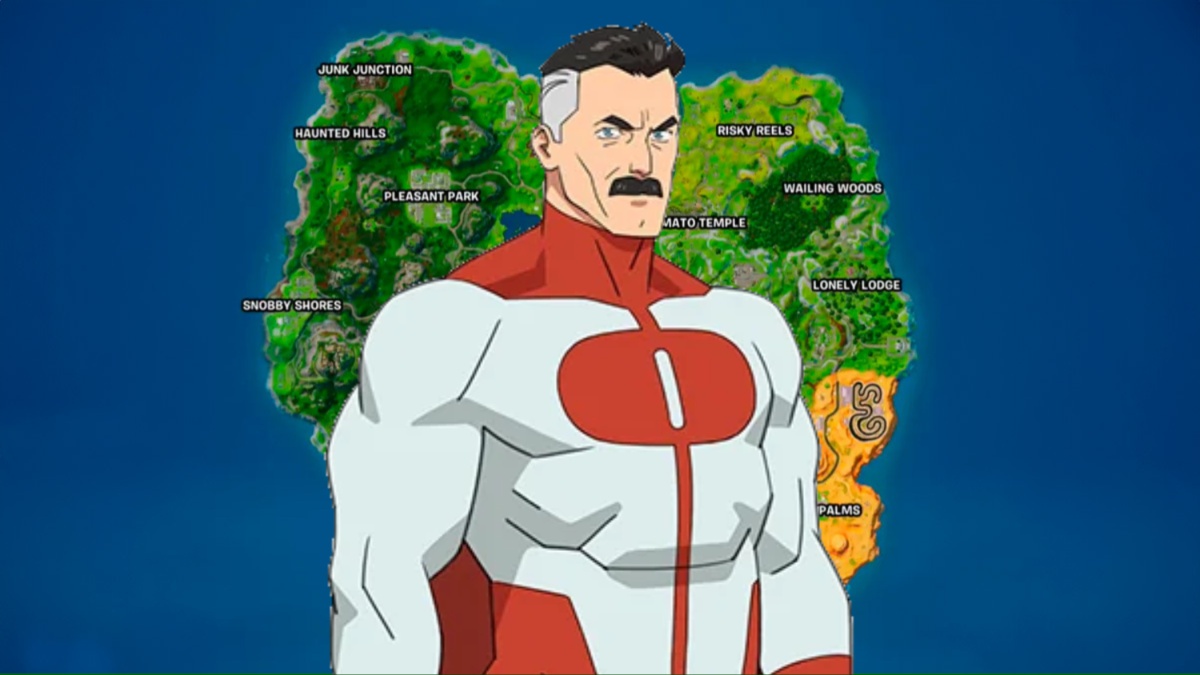 Omni Man Skin with Fortnite Map in background