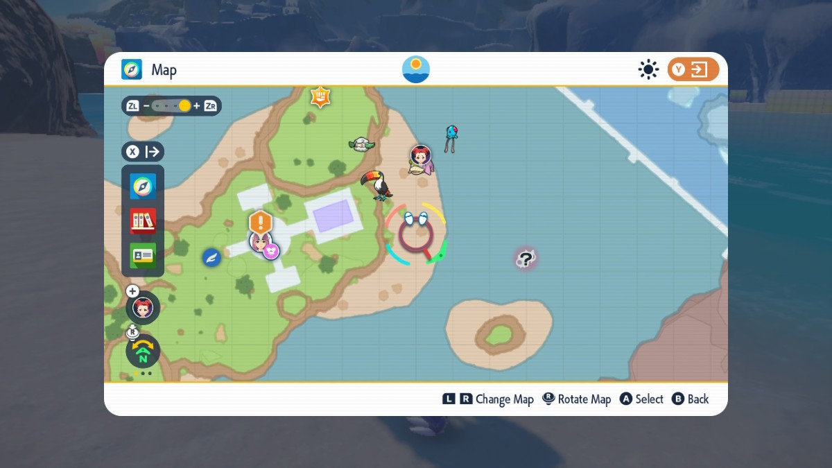 Pokemon Indigo Disk screenshot of the coastal biome map with a magnifying glass over the location of Galarica Twigs.