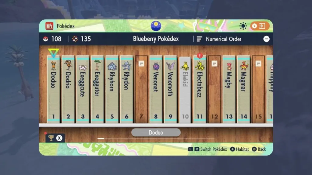 Screenshot of the Blueberry Pokedex in Pokemon Scarlet & Violet's Indigo Disk DLC