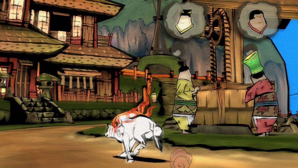 Amaterasu entering a traditional Japanese Village in Okami HD