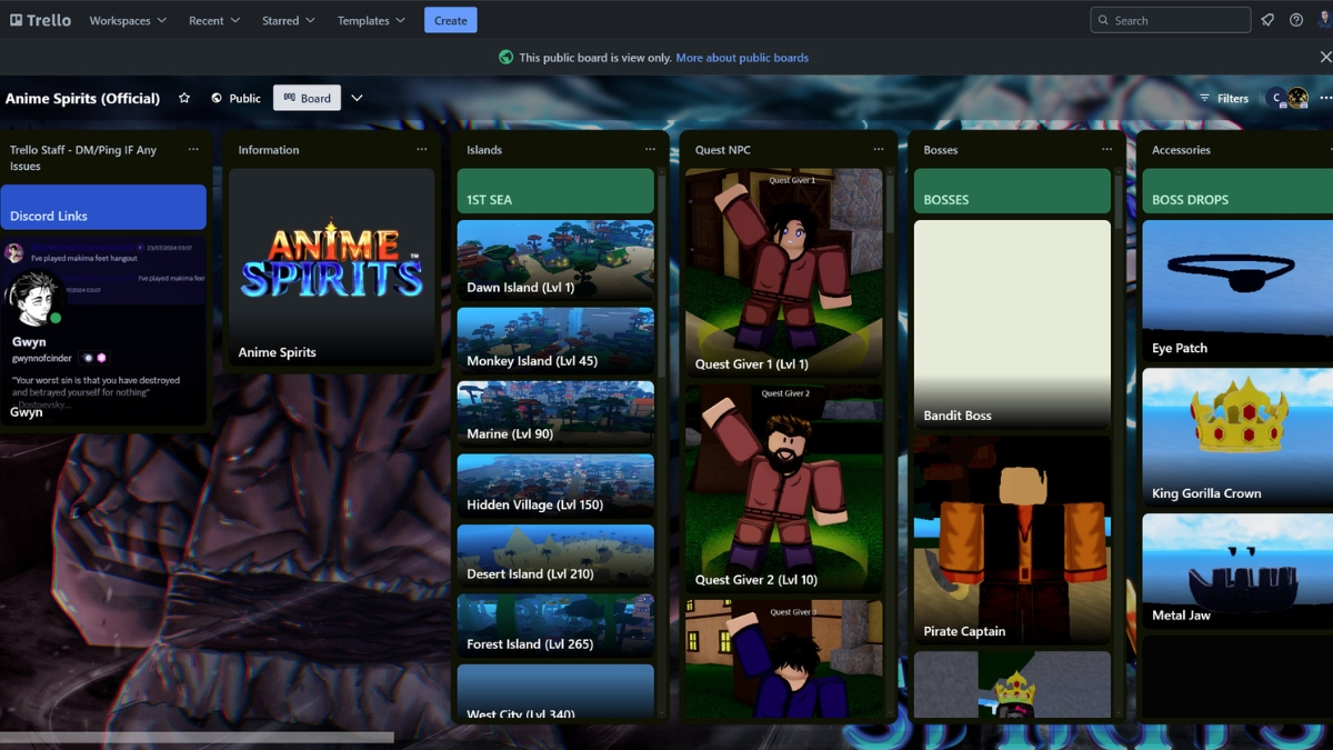 Anime Spirits Trello Board