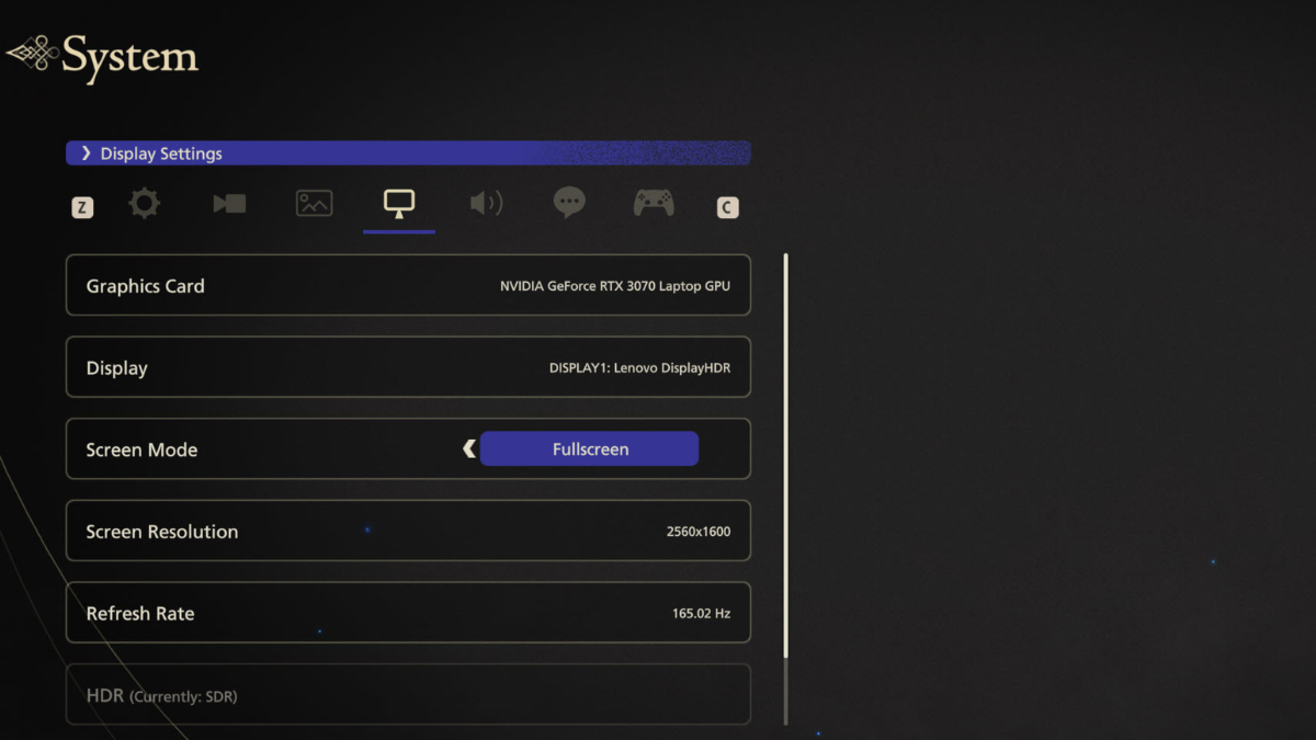 Display settings for Final Fantasy 16/XVI PC